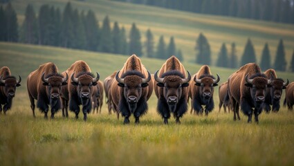 Herd of bison in the meadow