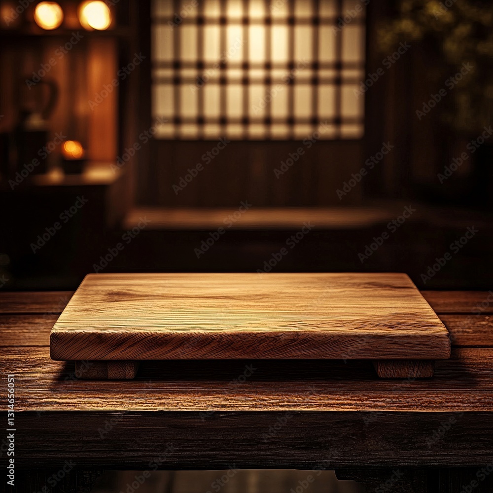 Aufkleber wooden platform in tranquil japanese setting: rustic wood surface for display in warm, atmospheric i