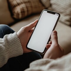 Woman using mobile phone with a blank white screen while relaxing at home on couch with cozy sweater.