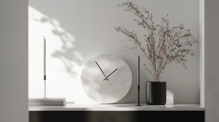 Minimalist Home Decor Marble Clock, Candles, and Dried Flowers