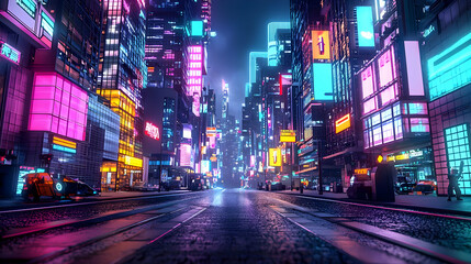 Pixel Art City Street At Night With Neon Signs And Wet Asphalt In Cyberpunk Style