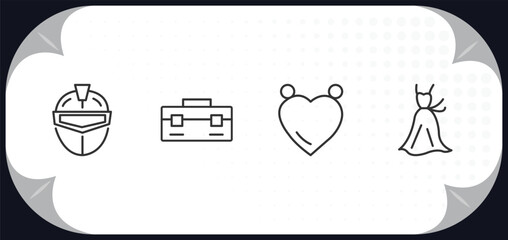 outline icons set - fashion concept. general helmet, closed briefcase, heart pendant, women drees.