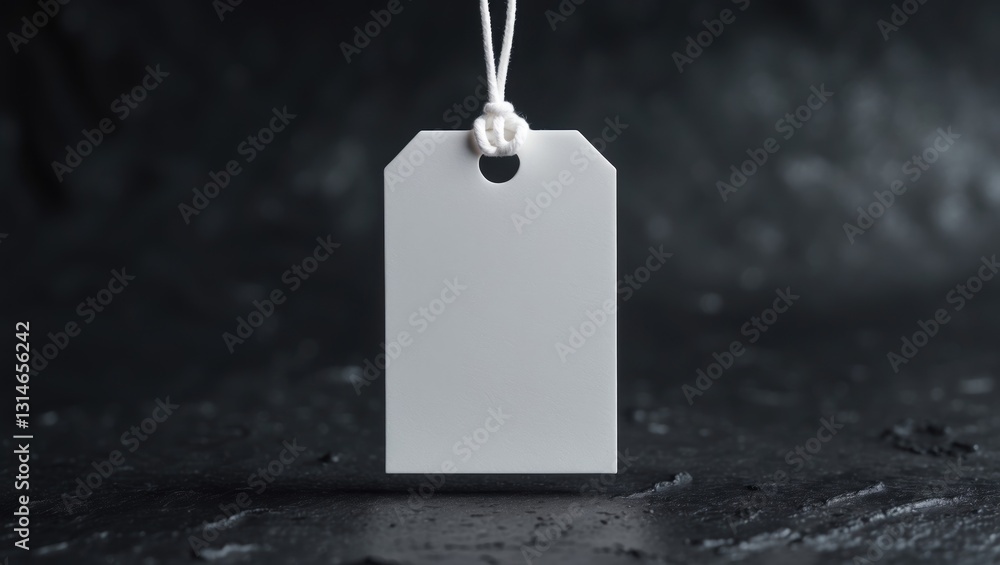 Poster rectangle white tag mockup featuring a white cord, close-up view. isolated blank paper rectangular p