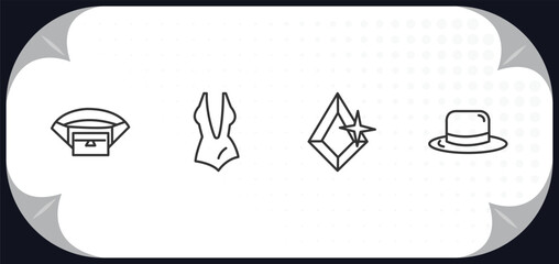 outline icons set - fashion concept. belt pouch, women swimsuit, precious stone, round hat.