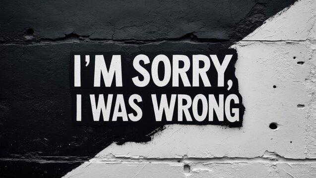 A two-tone wall in black and white featuring the words I AM SORRY, I WAS WRONG, representing the concept of a genuine apology for a mistake - expressing or acknowledging responsibility for a negati...