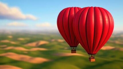 Fototapeta premium Two Red Hot Air Balloons Over Rolling Green Hills