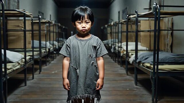 A young girl in tattered clothing stands alone in a dimly lit orphanage dormitory, with empty metal bunk beds in the background, conveying loneliness and hardship.
