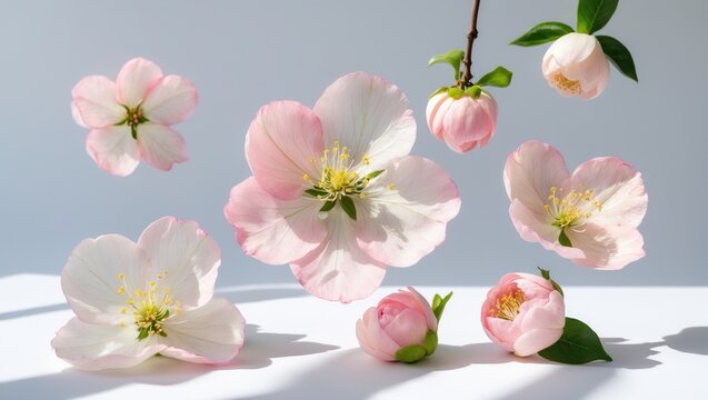 Fresh quince blossoms, lovely pink flowers drifting in the air against a white background. Zero gravity or levitation, concept of spring flowers.