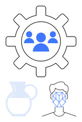 Gear with teamwork concept, human face with network grid, and pitcher outline representing collaboration, technology, recognition, and connectivity. Ideal for innovation, AI, teamwork workflow