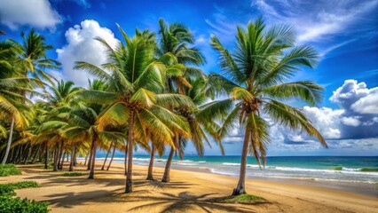 Obraz premium Lush Green Palm Trees Swaying Gently Along Serene Beach Shoreline