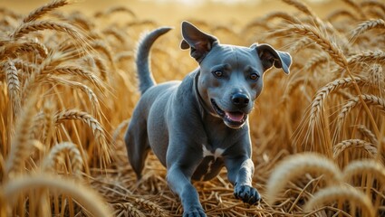 Gray dog running in a wheat field.