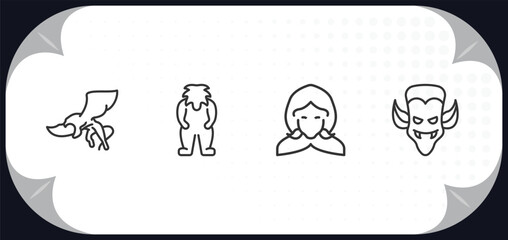 outline icons set - fairy tale concept. gryphon, yeti, little red riding hood, dracula.
