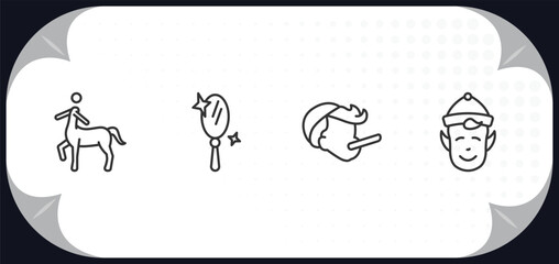 outline icons set - fairy tale collection. concept. centaur, enchanted mirror, pinocchio, elf.