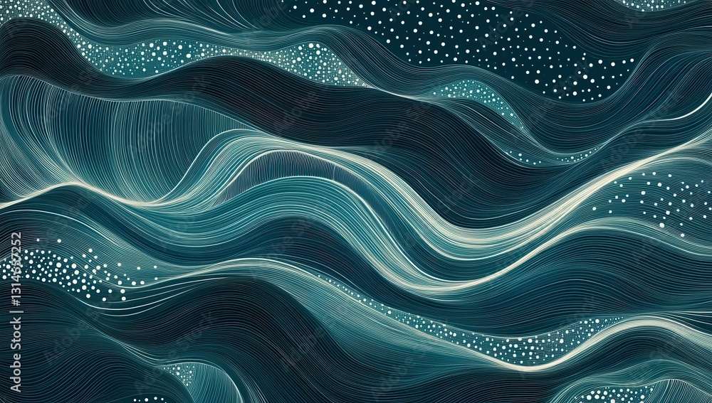 Poster abstract waves in blue shades with flowing lines and dots creating a peaceful and calming visual for