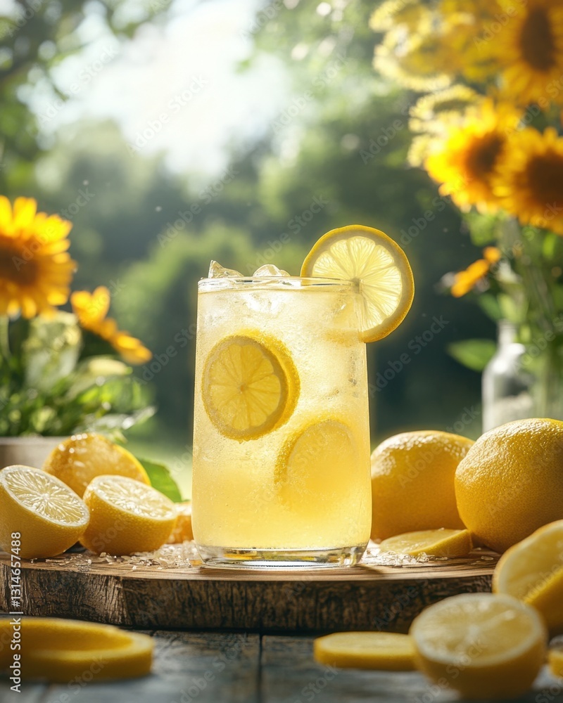 Poster refreshing lemonade in glass with lemon slices and ice cubes on wood table in garden setting
