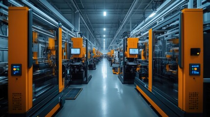 Fototapeta premium Modern Factory Interior with Orange and Black Automated Machinery