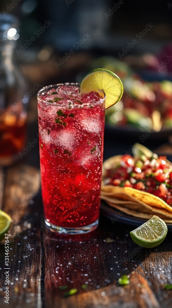 Poster refreshing red cocktail with lime and ice on rustic wooden table with tacos in background beverage p