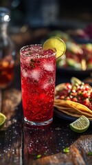 Refreshing red cocktail with lime and ice on rustic wooden table with tacos in background beverage photography