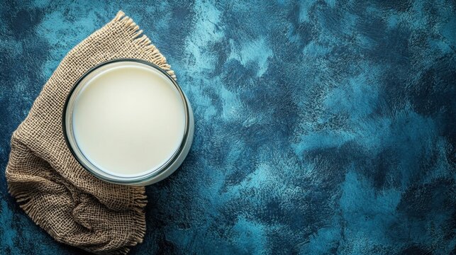 Glass of fresh milk placed on a rustic burlap cloth against a textured dark blue background calm and inviting natural light