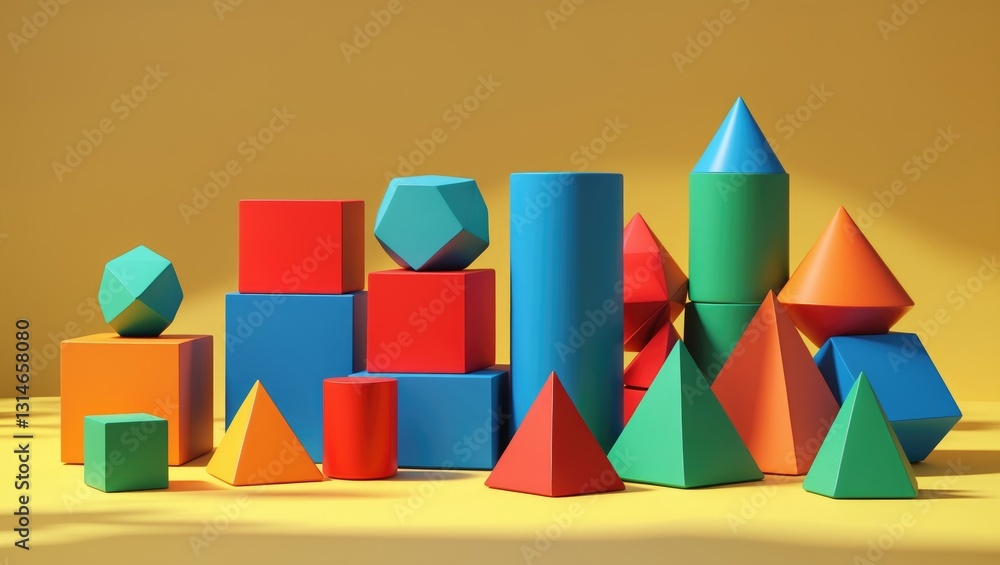 Poster set of vibrant geometric cube or block toys against a yellow backdrop featuring copy space. abstract
