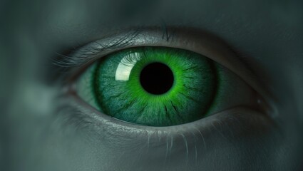 Fototapeta premium Realistic human eye with a green iris and pupil, set against a dark grey background.