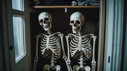 Two skeletons having a good time in someone's closet.