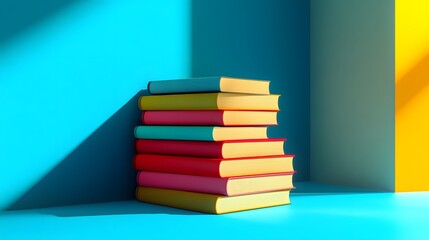 Colorful Book Stack in Sunlit Corner with Blue and Yellow Walls