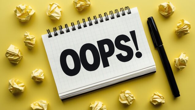 The term Oops written with a black marker in a notebook against a yellow backdrop. Apologies for a small mishap or error.