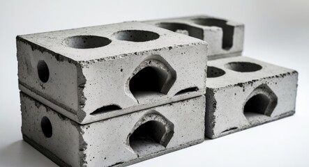 Three stacked gray concrete blocks arranged against a white background, isolated.