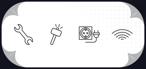 outline icons set - electrian connections concept. wrench, hammer, wall socket, .