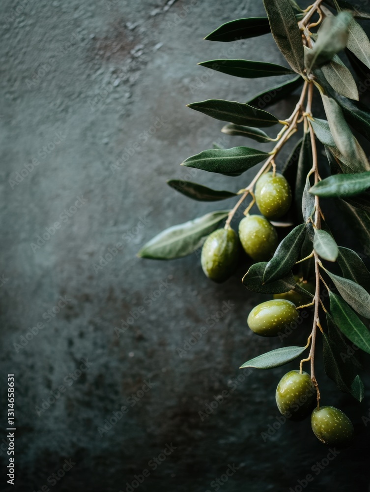 Poster fresh green olives on a branch with leaves against a dark textured background in a natural light set