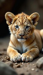 Obraz premium Sweet lion cub with wrapped wounds resting on rocks, lion, wounds, rocks