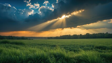 Fototapeta premium Stunning sky above a field following a thunderstorm.