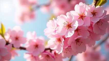Close-up view of cherry blossoms featuring blooming pink petals and visible stamens at different stages of bloom, with a blurred light background.