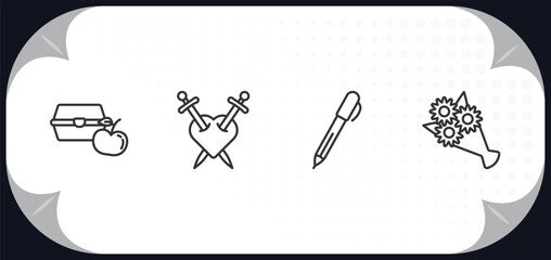 outline icons set - education concept. lunch, romeo and juliet, pen, bouquet.