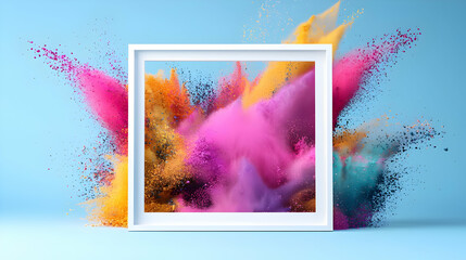 A Vibrant Explosion of Colorful Powder Paint Through a White Frame Against a Light Blue Backdrop in a Dynamic and Abstract Composition