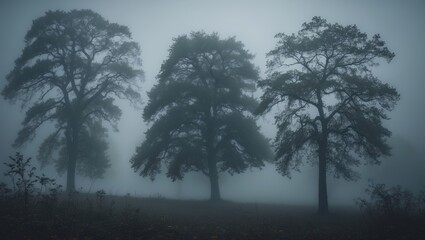 Trees in the fog outlined against a natural background.
