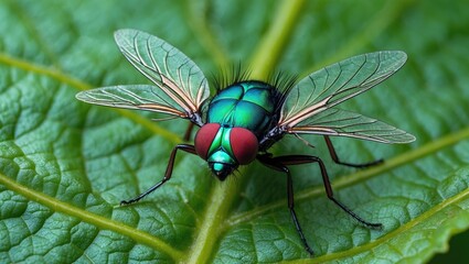 Fototapeta premium Green bottle fly detailed macro texture, insect perched on a leaf, close-up view of eyes, wings, and bristle hair.