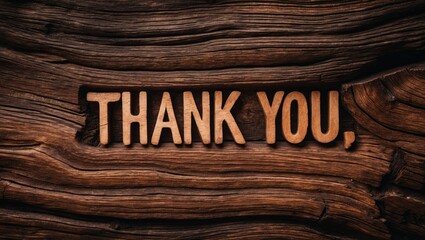The phrase Thank you displayed on an aged brown wooden texture background. Themes of appreciation and thankfulness.