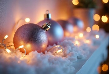 Christmas Ornaments and Glowing Lights on Fluffy Artificial Snow Decor