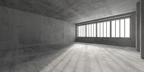 Minimalist industrial style empty room with large windows and concrete walls. 3d render
