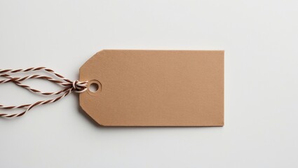 Blank brown cardboard label or price tag with thread isolated.