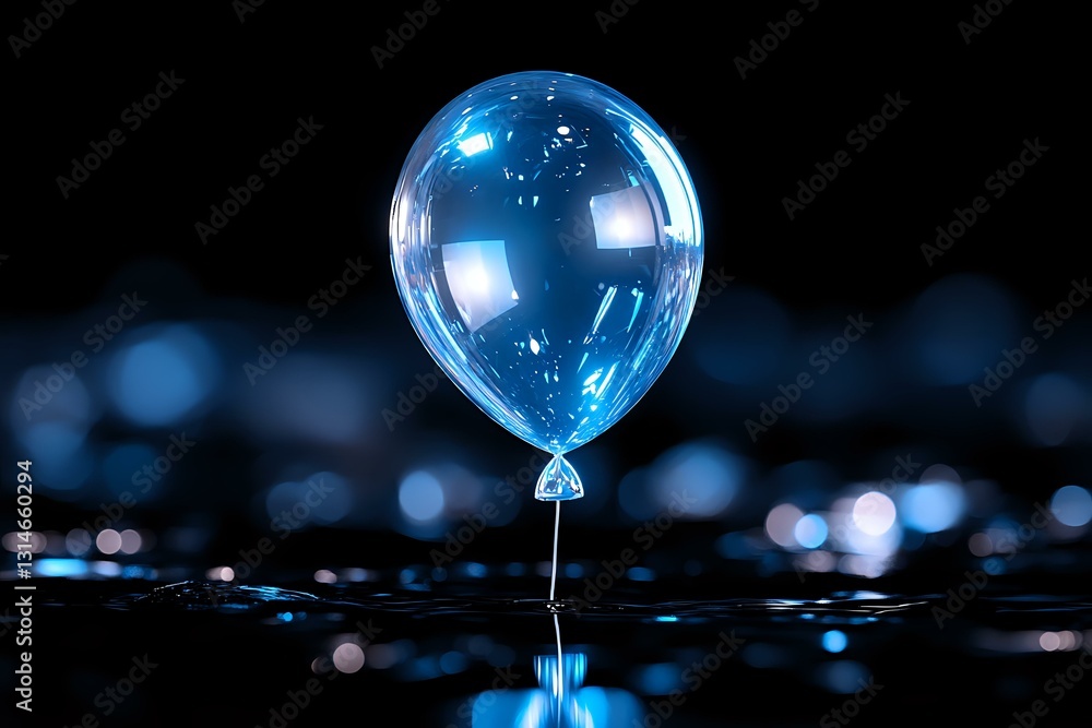 Poster luminous blue water drop in macro photography forming balloon shape with reflection on dark surface 