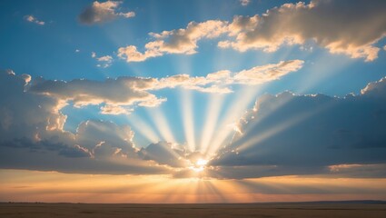 Fototapeta premium Stunning sunrise above the prairies. Rays of light filter through the clouds, Grasslands National Park.