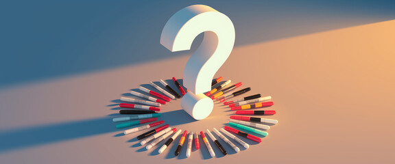 Obraz premium White large question mark surrounded by colorful markers arranged in a circle, suggesting multiple choices or options, symbolizing decision-making or problem-solving