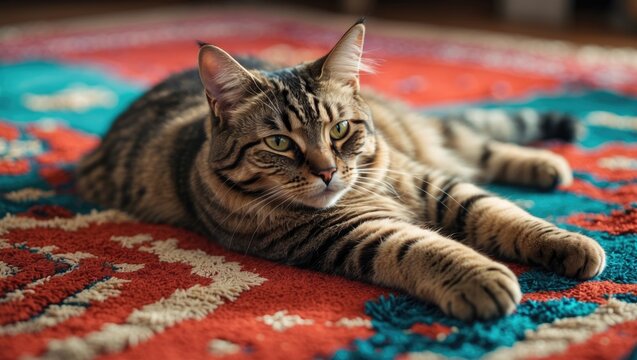 house cat is lounging on a rug - Powered by Adobe