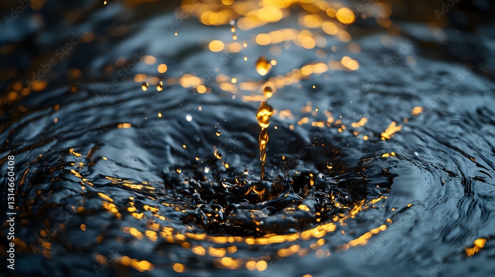 Poster water drop splash creating concentric ripples on dark surface with golden bokeh lights reflecting, c