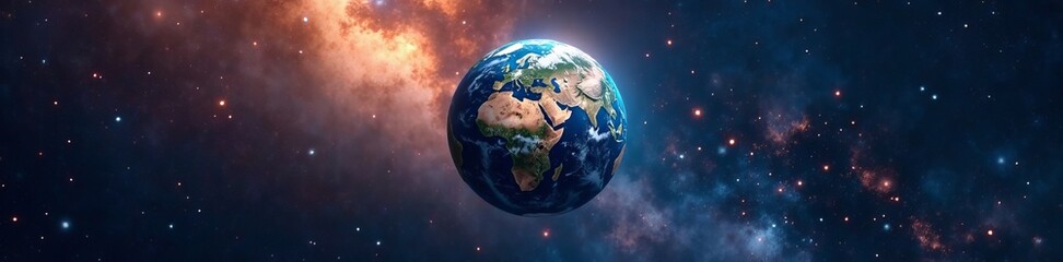 Fototapeta premium Tiny earth with continents under the spotlight in the vast cosmos, miniature, space, geography