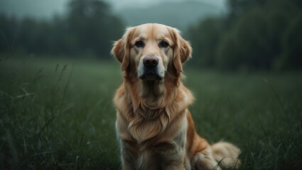 Fototapeta premium Golden retriever dog sitting and staring in the green grass.