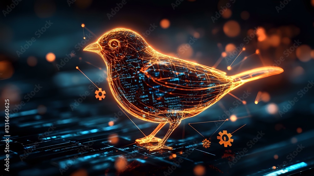 Poster glowing neon bird silhouette with orange light trails and blue digital pattern elements against dark